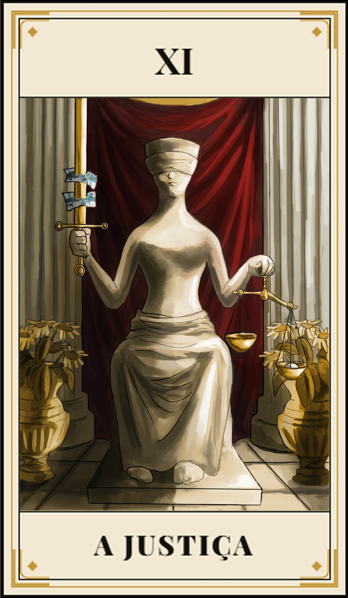 Carta de tarô A Justiça, Arcano XI, em estilo de gravura: figura sentada de frente, com a espada erguida numa mão e a balança na outra, dentro de moldura ornamentada.